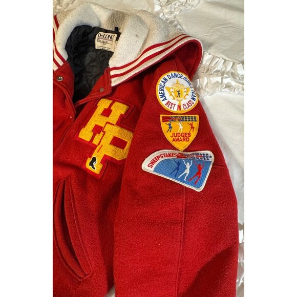 VTG Red Wool Letterman Jacket With HP and Dance Team Patches DeLONG Sz Small - Picture 3 of 16
